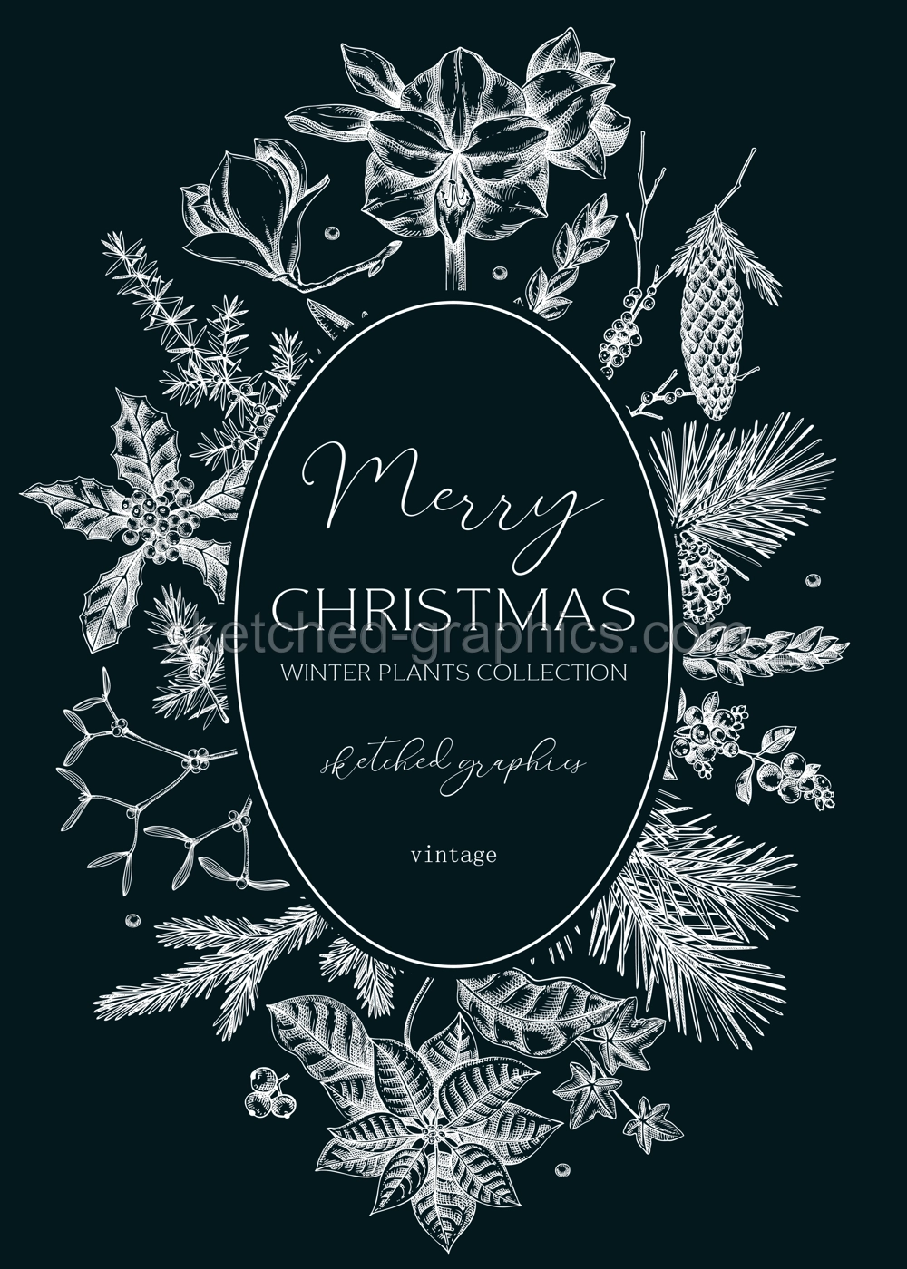 Vintage Christmas card design. Winter nature wreath template. Conifer trees, winter flowers  sketches. Hand drawn vector illustration on chalkboard. NOT AI generated Illustration
